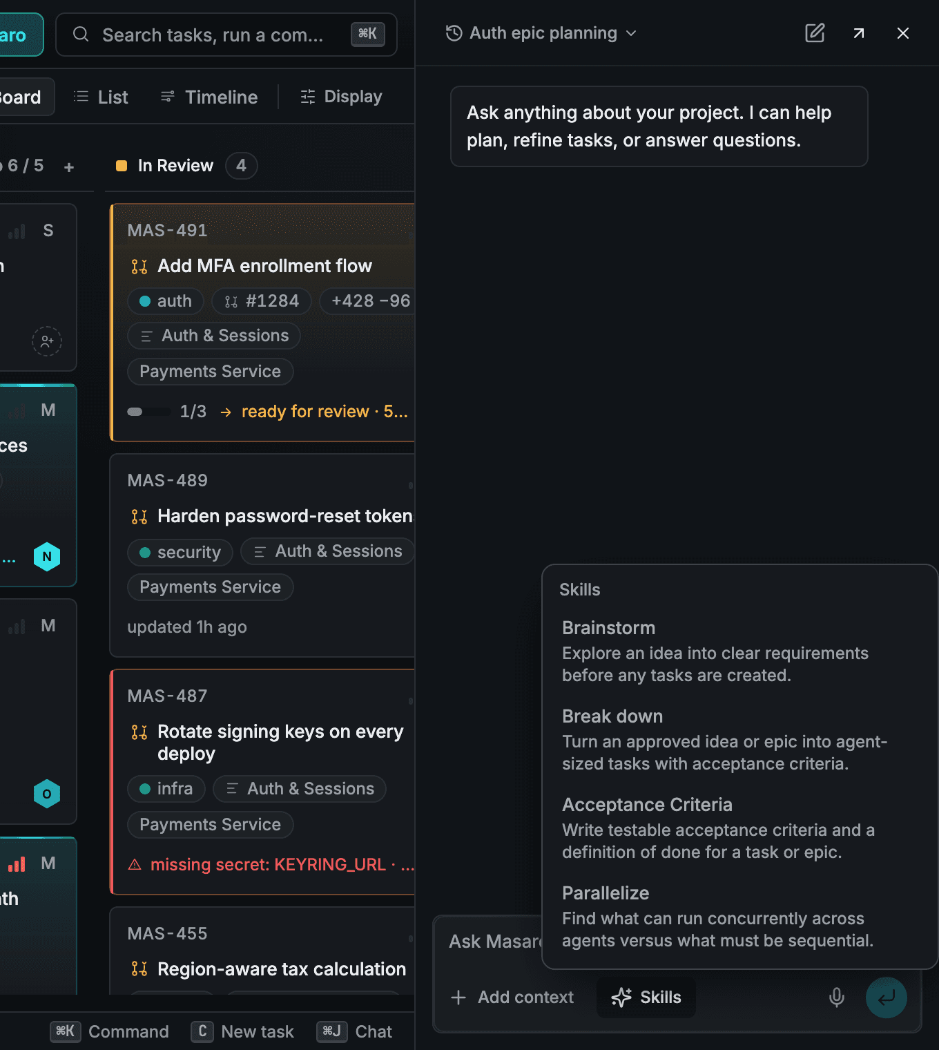 The AI panel open over the task board, with the skills menu listing Brainstorm, Break down, Acceptance Criteria, and Parallelize above the message composer.