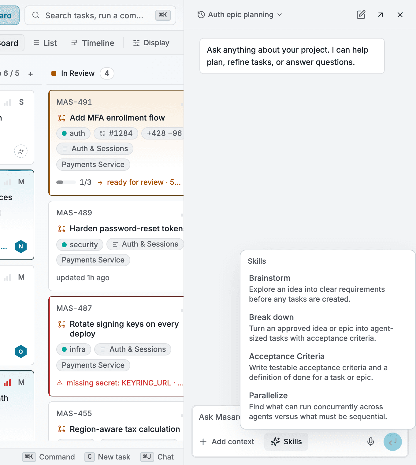 The AI panel open over the task board, with the skills menu listing Brainstorm, Break down, Acceptance Criteria, and Parallelize above the message composer.