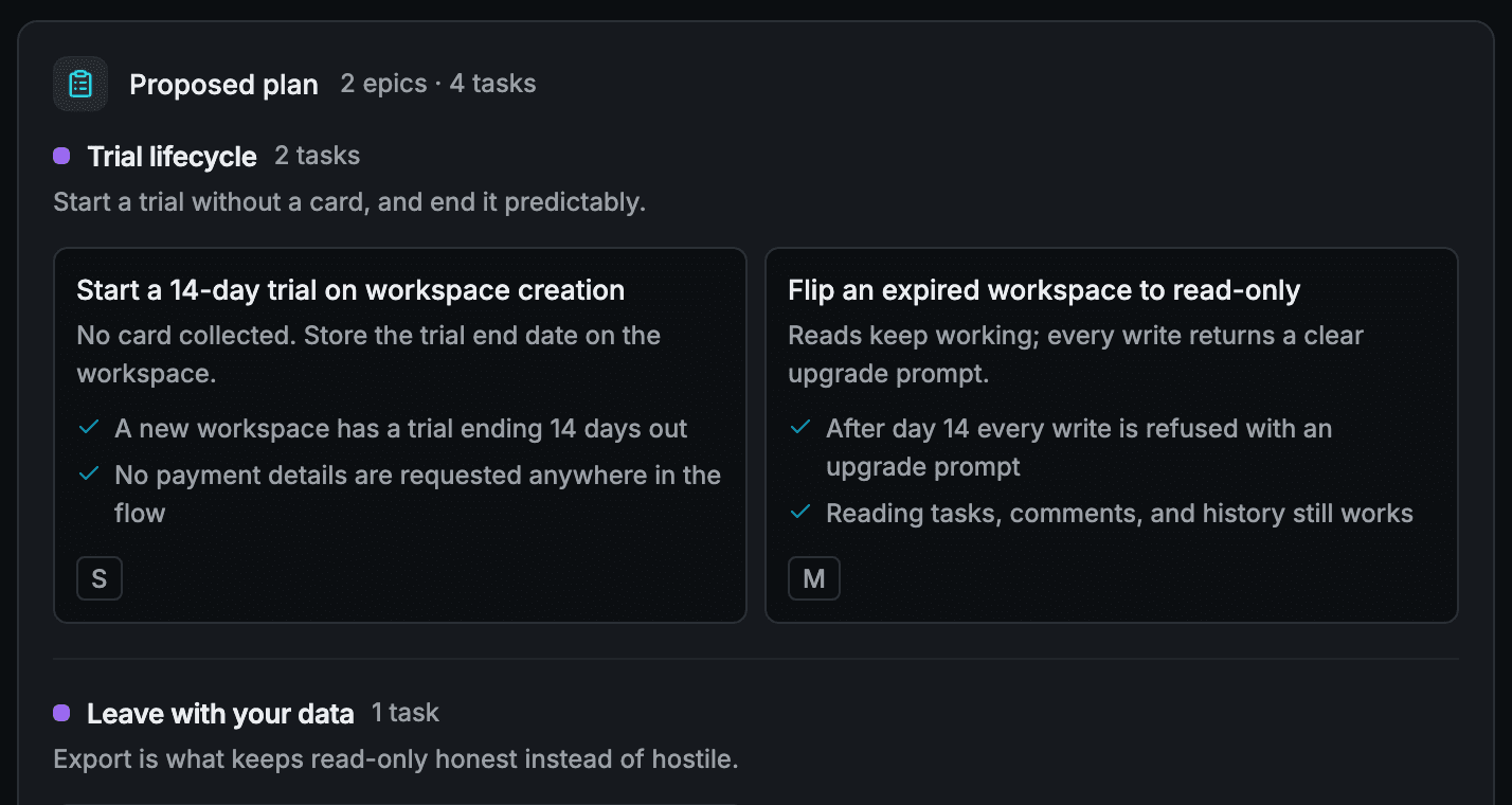 A proposed plan in a Brainstorm session: two epics covering four tasks, each task card showing a summary, its acceptance criteria, and a complexity estimate.