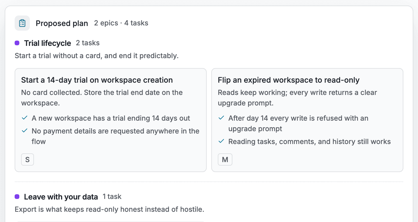 A proposed plan in a Brainstorm session: two epics covering four tasks, each task card showing a summary, its acceptance criteria, and a complexity estimate.