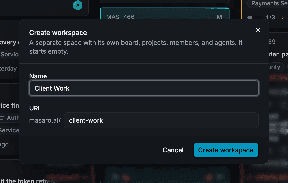 The Create workspace dialog opened over the board, with the name Client Work entered and the URL masaro.ai/client-work derived from it.