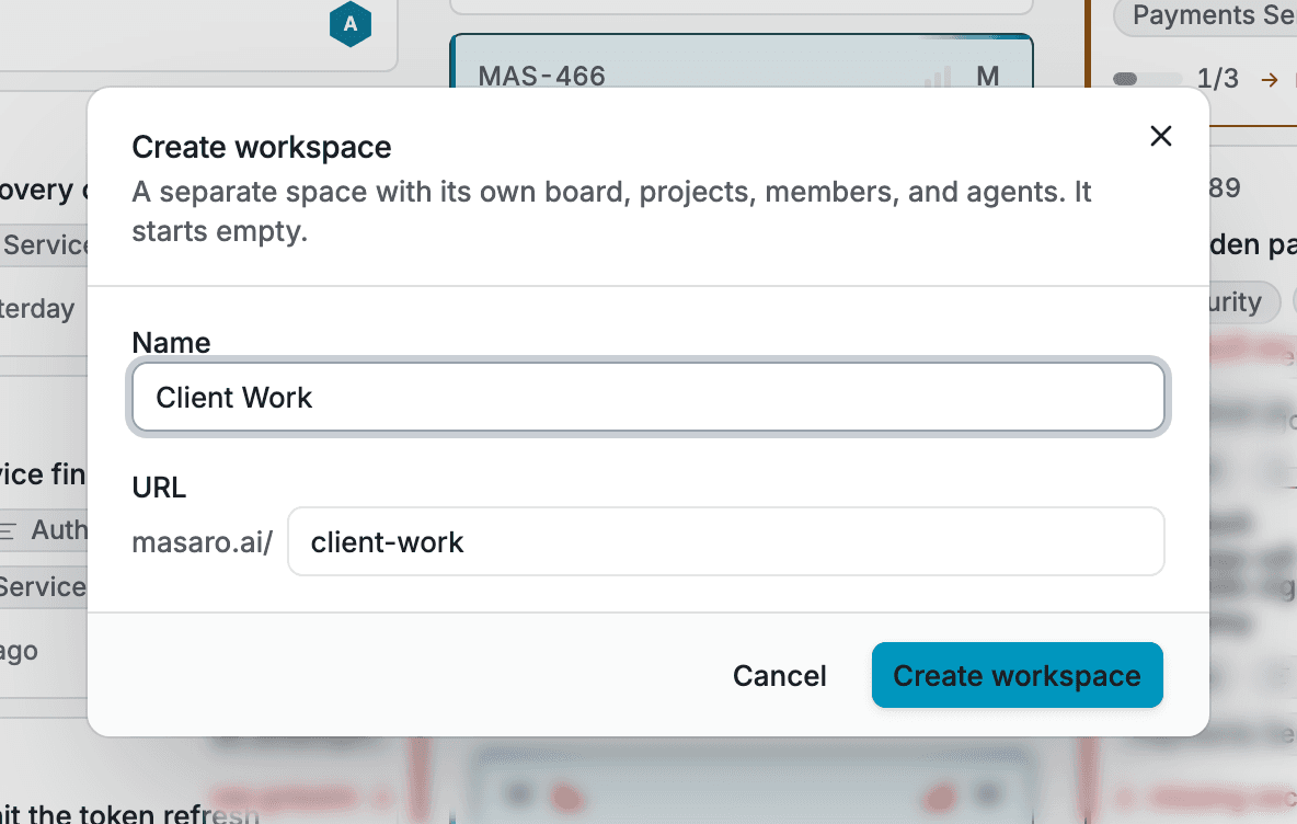 The Create workspace dialog opened over the board, with the name Client Work entered and the URL masaro.ai/client-work derived from it.