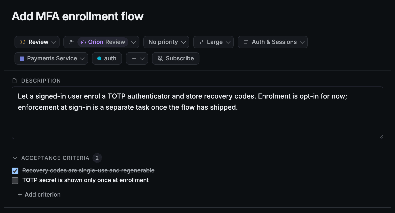 A task in review, showing its description above two acceptance criteria: the first checked off and struck through as met, the second still unchecked.