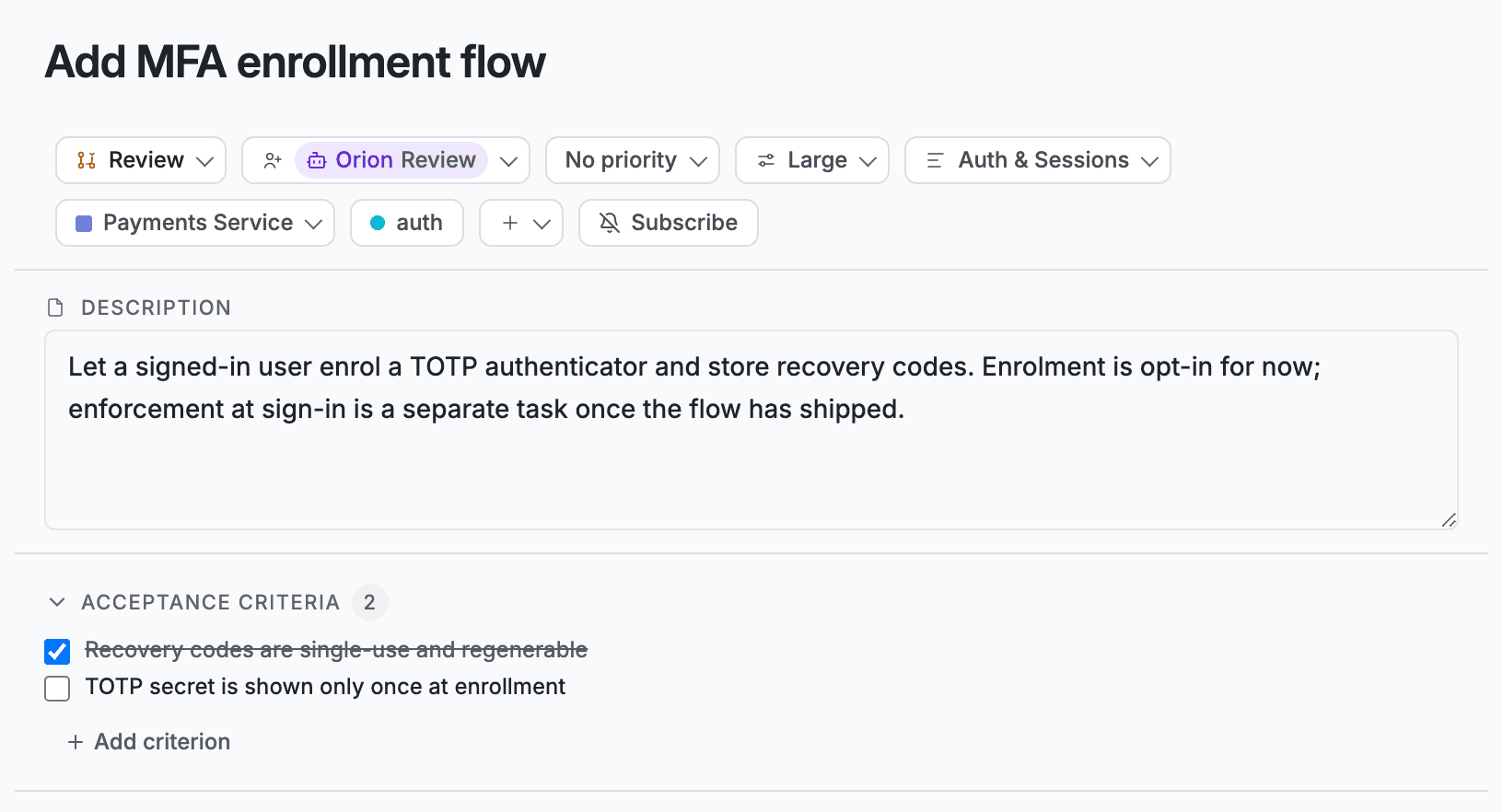 A task in review, showing its description above two acceptance criteria: the first checked off and struck through as met, the second still unchecked.