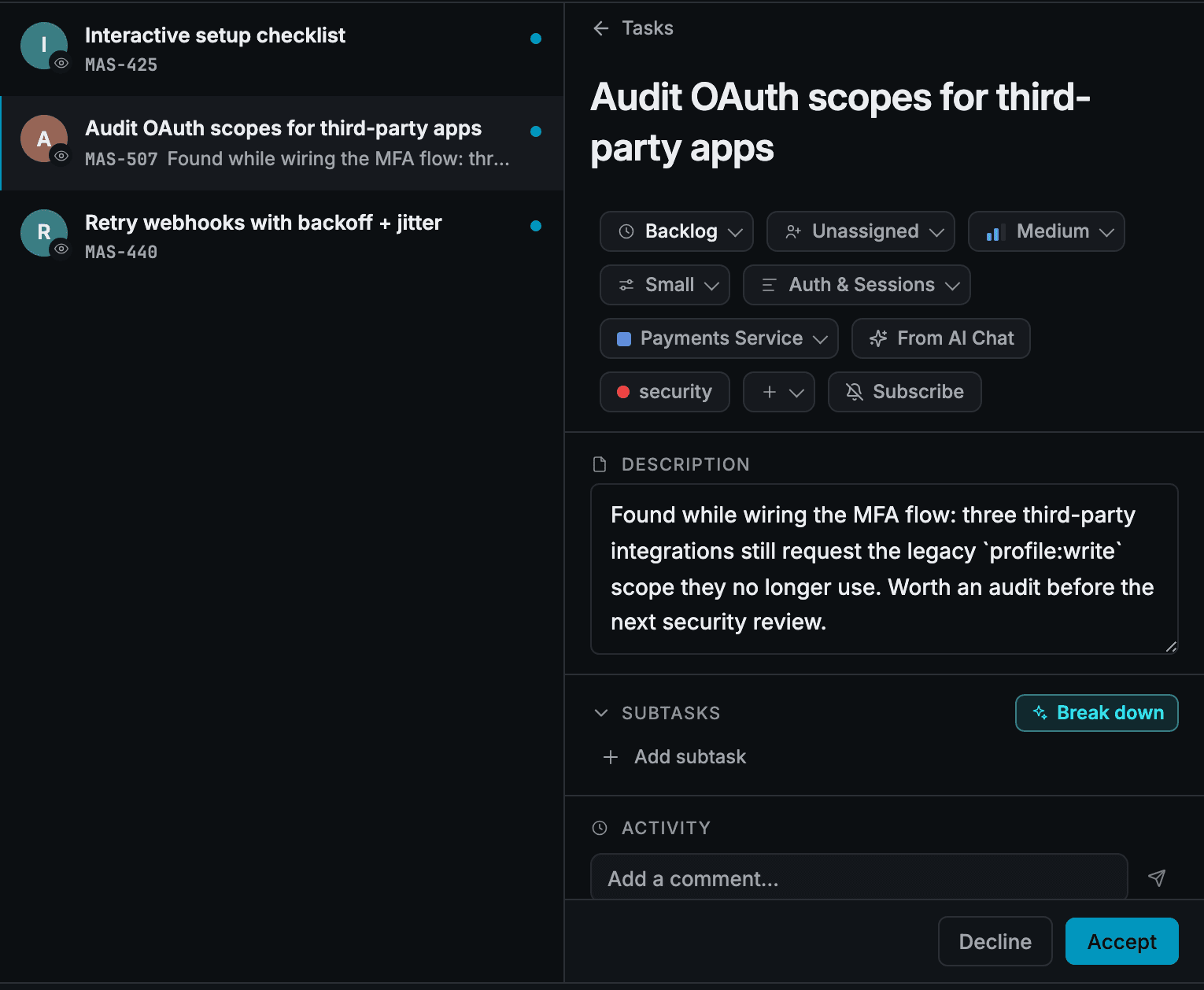 The Triage lens: a queue of three agent-created tasks on the left, the selected task with its description and labels on the right, and Decline and Accept buttons in the footer.