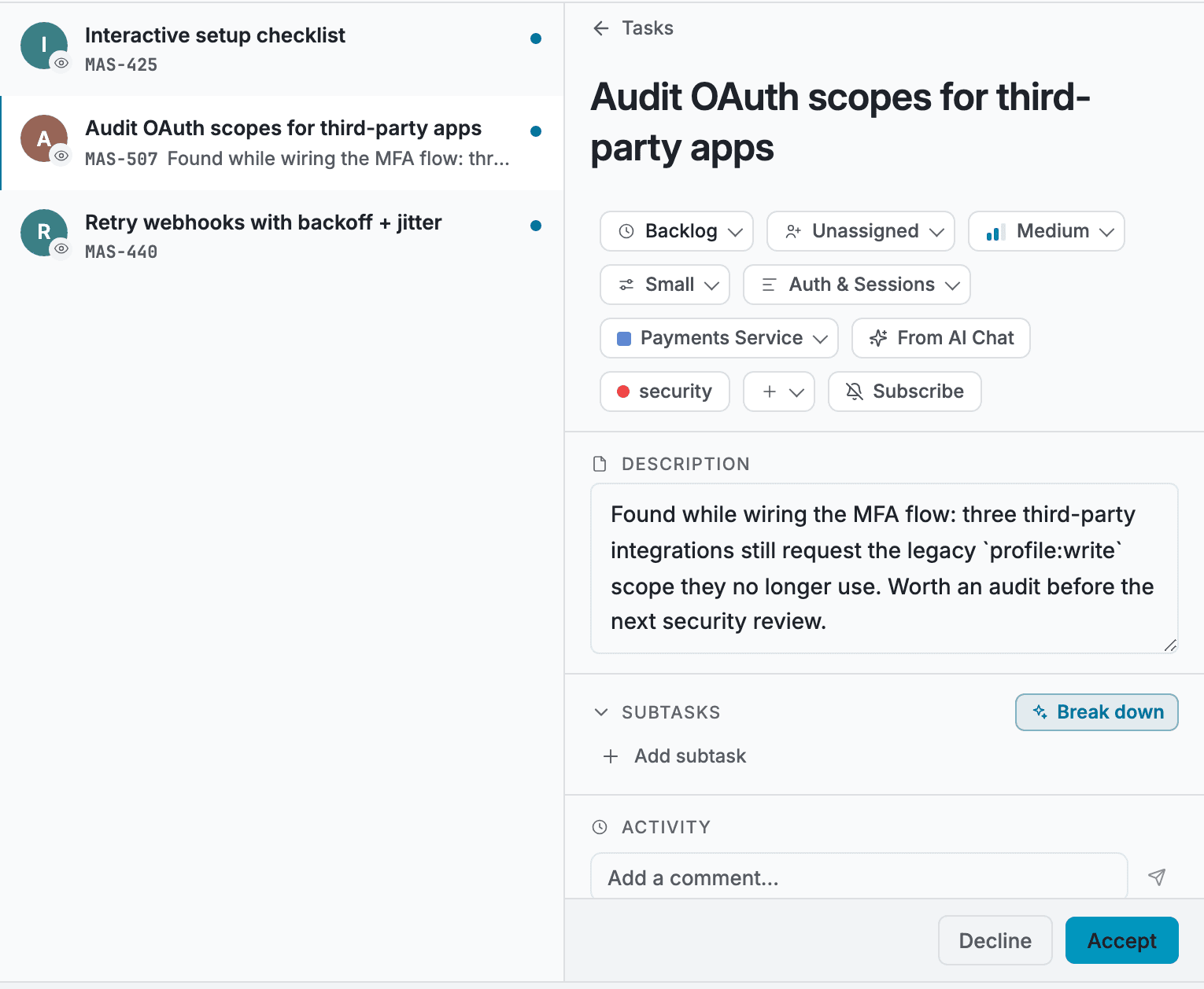 The Triage lens: a queue of three agent-created tasks on the left, the selected task with its description and labels on the right, and Decline and Accept buttons in the footer.